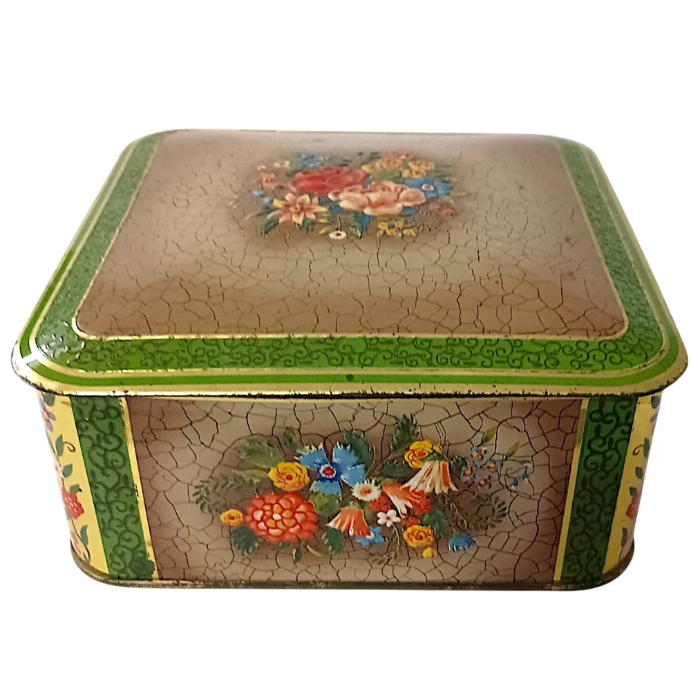 Vintage Tin Container Green Floral Hinged Square Made In Holland Victorian Style
